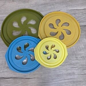 4 Vintage Rubbermaid Stacking Bowls Daisy Lids Olive Green Mustard Blue Yellow